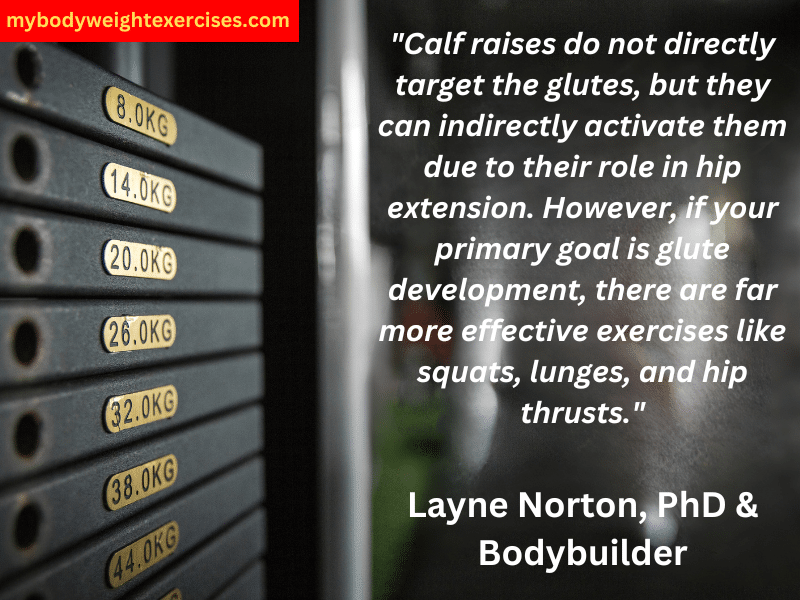 Layne Norton, PhD & Bodybuilder: "Calf raises do not directly target the glutes, but they can indirectly activate them due to their role in hip extension. However, if your primary goal is glute development, there are far more effective exercises like squats, lunges, and hip thrusts."